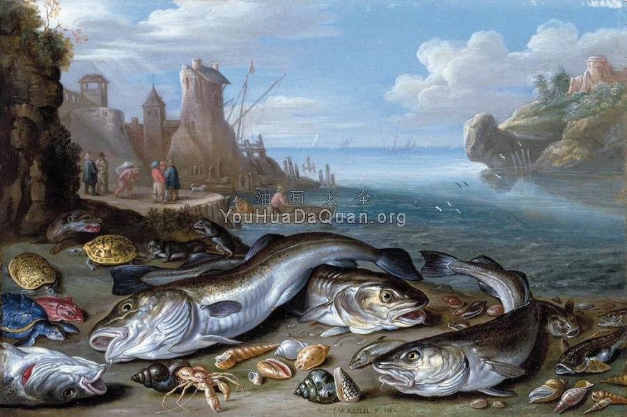 Harbour Scene with Fish - 简·凡·凯塞尔